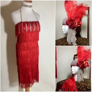 Red 1920s Flapper Dress Costume Set Headpiece Gloves Boa Wig Necklace Sz 4 Small